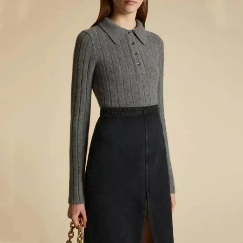 KH@IT*E Sweater Female 2024 Winter New POLO Collar Pullover Slim Thin Inside Wool Knit with Casual Bottoming Shirt Tops LUXURY