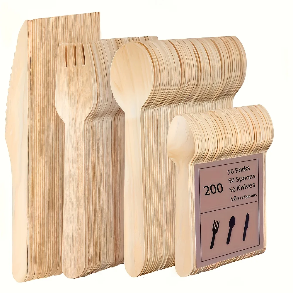 200/100-Piece Disposable Knife, Fork, and Spoon Set, Made of Premium Birch Wood, Includes a Combination of 50/25 Knives + 50/25 Forks + 50/25 Spoons + 50/25 Dessert Spoons, Suitable for Daily Use, Outdoor Picnics, Parties, and Holidays