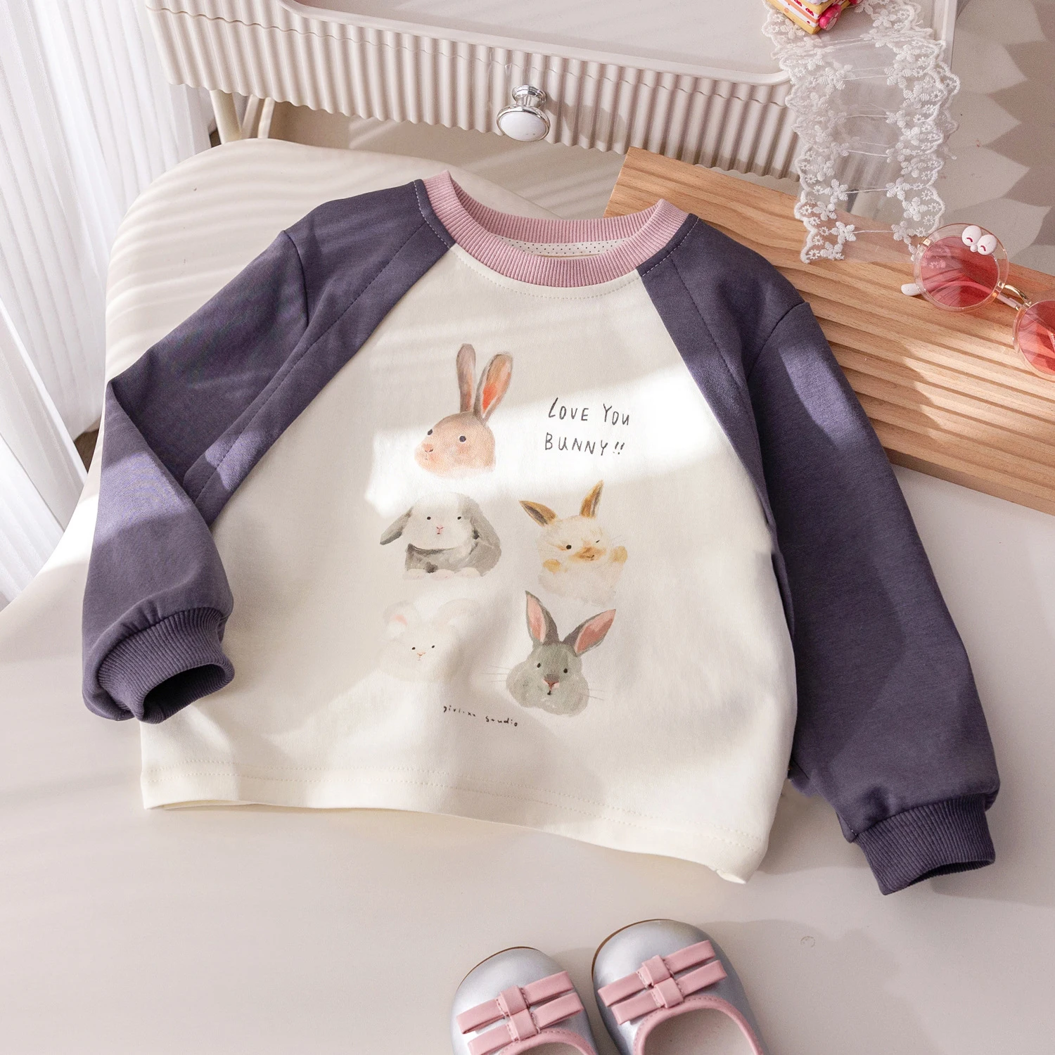 Baby Girls' Spring Autumn Set Fashion Cartoon Rabbit Printed Long Sleeve Top O-neck Sweatshirt Casual Pink Loose Cargo Pants