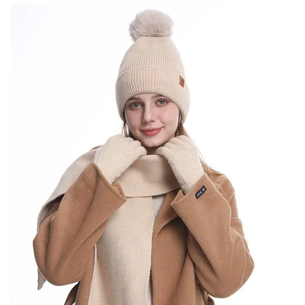 3Pcs/Set Warm Winter Hat Scarf Gloves Set Thicken Windproof Knit Beanie Snood Set Soft Lining Touchscreen Gloves for Men Women