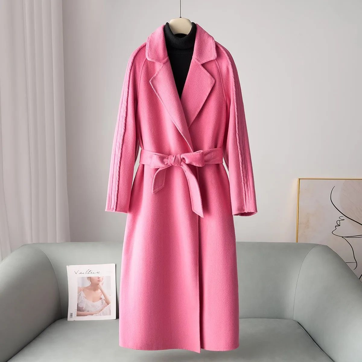 معطف صوفي طويل من الكشمير بنسبة 10.8% للنساء لخريف وشتاء 2025 سترة جديدة من النايلون على الوجهين #4