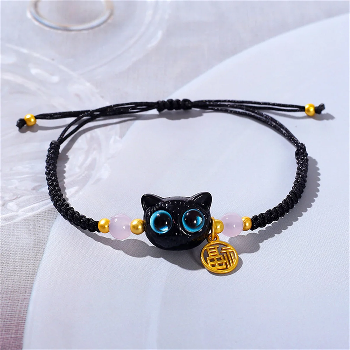 Cute Resin Blue Yellow Eyes Black Cat Bracelets For Women Men Handmade Woven Cartoon Animal Kitten Bangles Friendship Jewelry