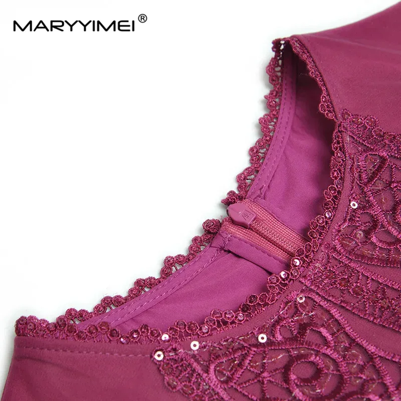 MARYYIMEI Fashion Designer dress Summer Women Dress Short sleeve Sashes Applique Sequin Embroidery Lace Purple pleated Dresses