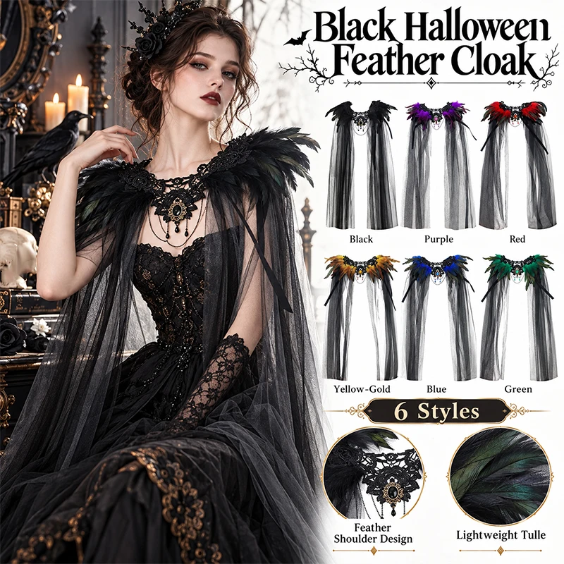 Black Halloween Feather Cloak Elegant Mesh Fringe Hollow Lace Mesh Cape Fur Collar Flowing Festival Costume Cape Gothic Carnival