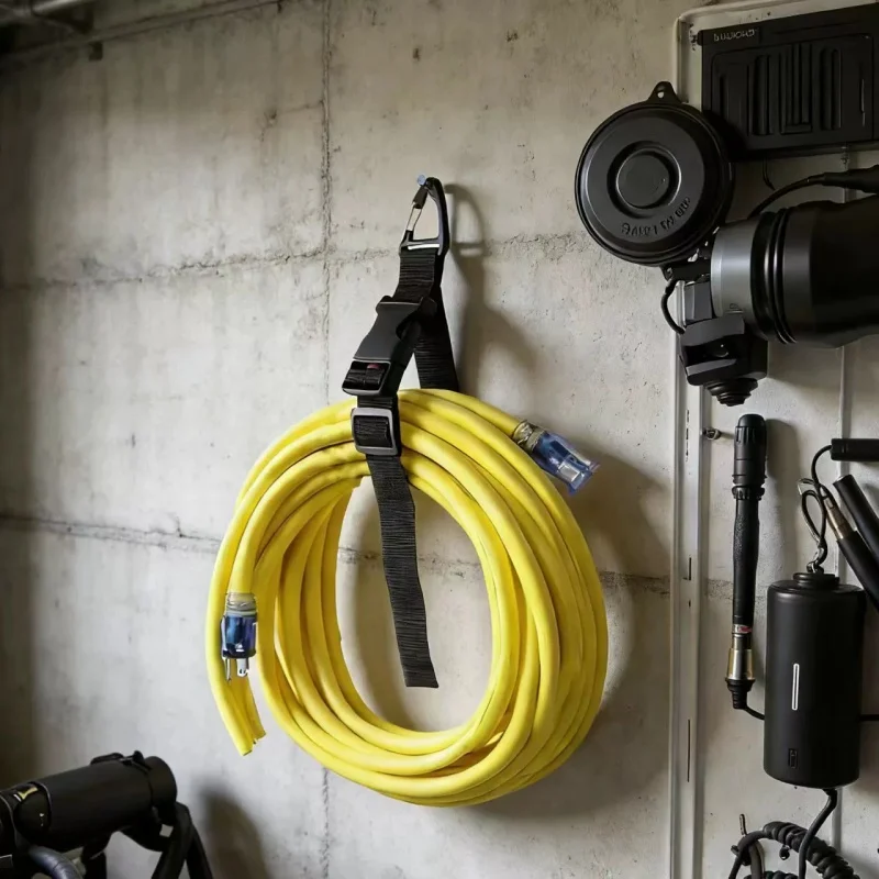 Black Adjustable Extension Cord Organizer with 3-Axis Buckle - Heavy-Duty Storage Strap for Workshop & Garage Organization
