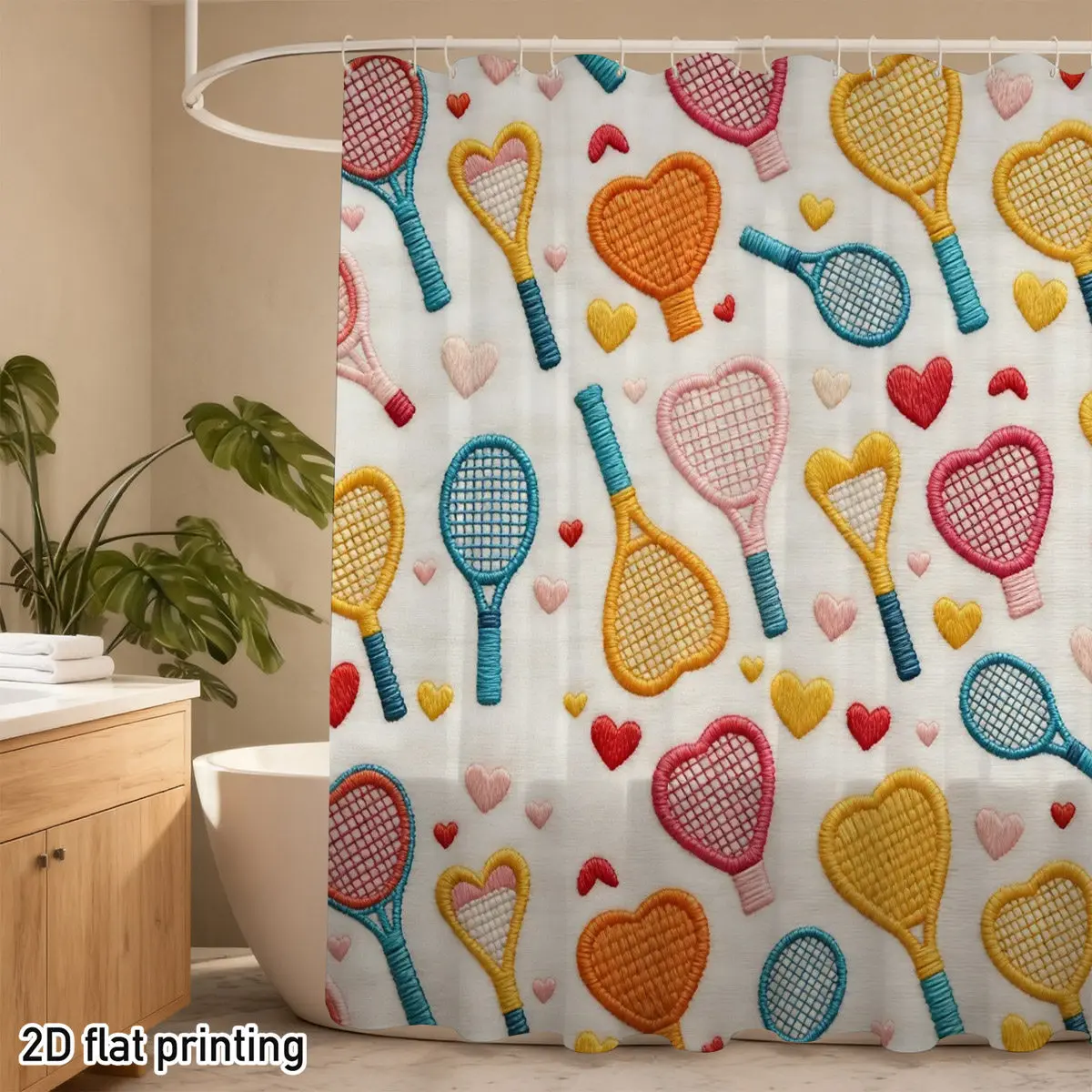 Niedlicher Tennisschläger mit Herzmuster Duschvorhang, Farbenfrohe Sport-Themen Badezimmerdekoration, Wasserdichter Stoff-Badevorhang