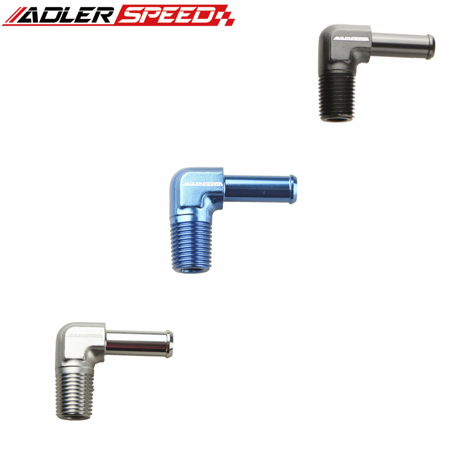 

ADLERSPEED 90 Degree 1/4" Male NPT To 3/8" Hose Barb Aluminum Fuel Fitting Adapter Black / Blue / Silver