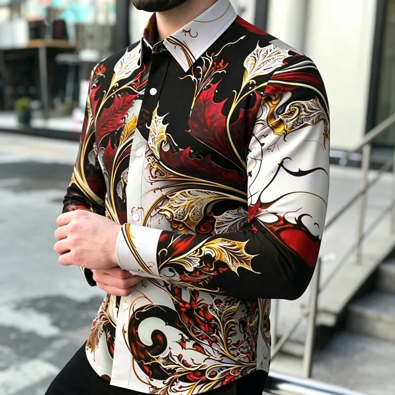 

2026 new men's shirt Baroque retro floral print long sleeved shirt slim fit business casual shirt street trend men's clothing