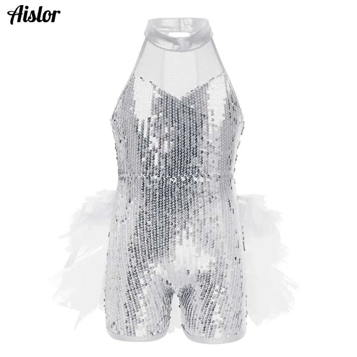 

Kids Girls Jazz Latin Dance Performance Costume Ballet Leotards Shiny Sequins Feather Mesh Splice Sleeveless Jumpsuit Dancewear