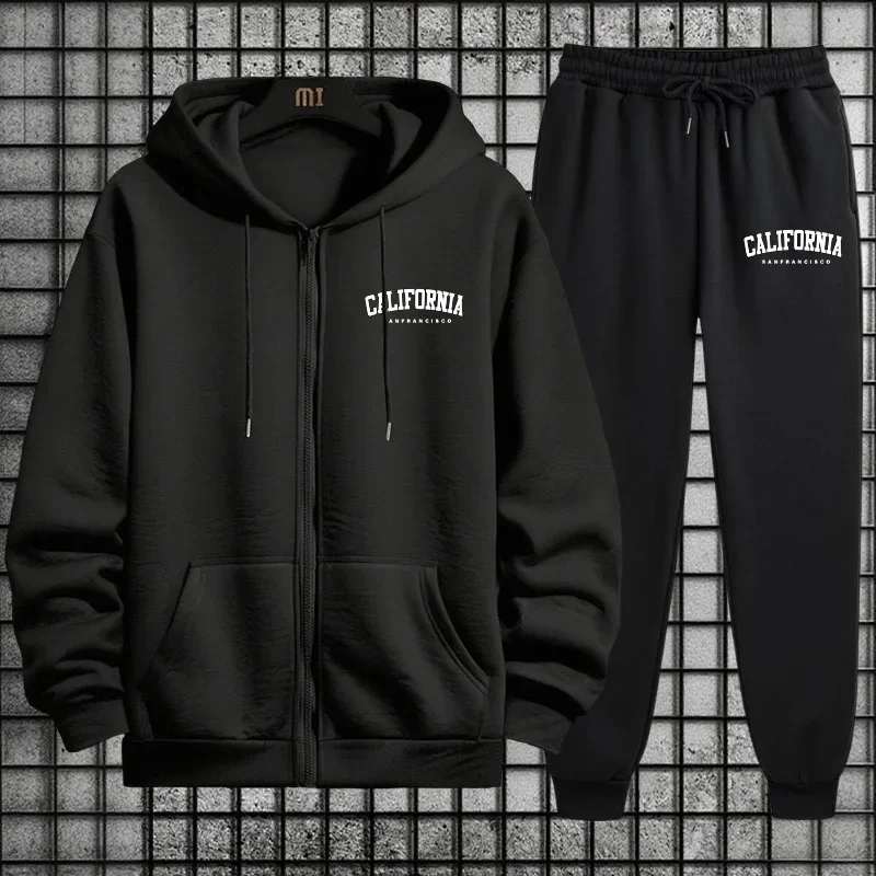 Autumn Winter Sportswear California Mens Sporty Tracksuit Set 2026 New 2 Pieces Zipper Hoodie Sweatpants Urban Streetwear Outfit view 2