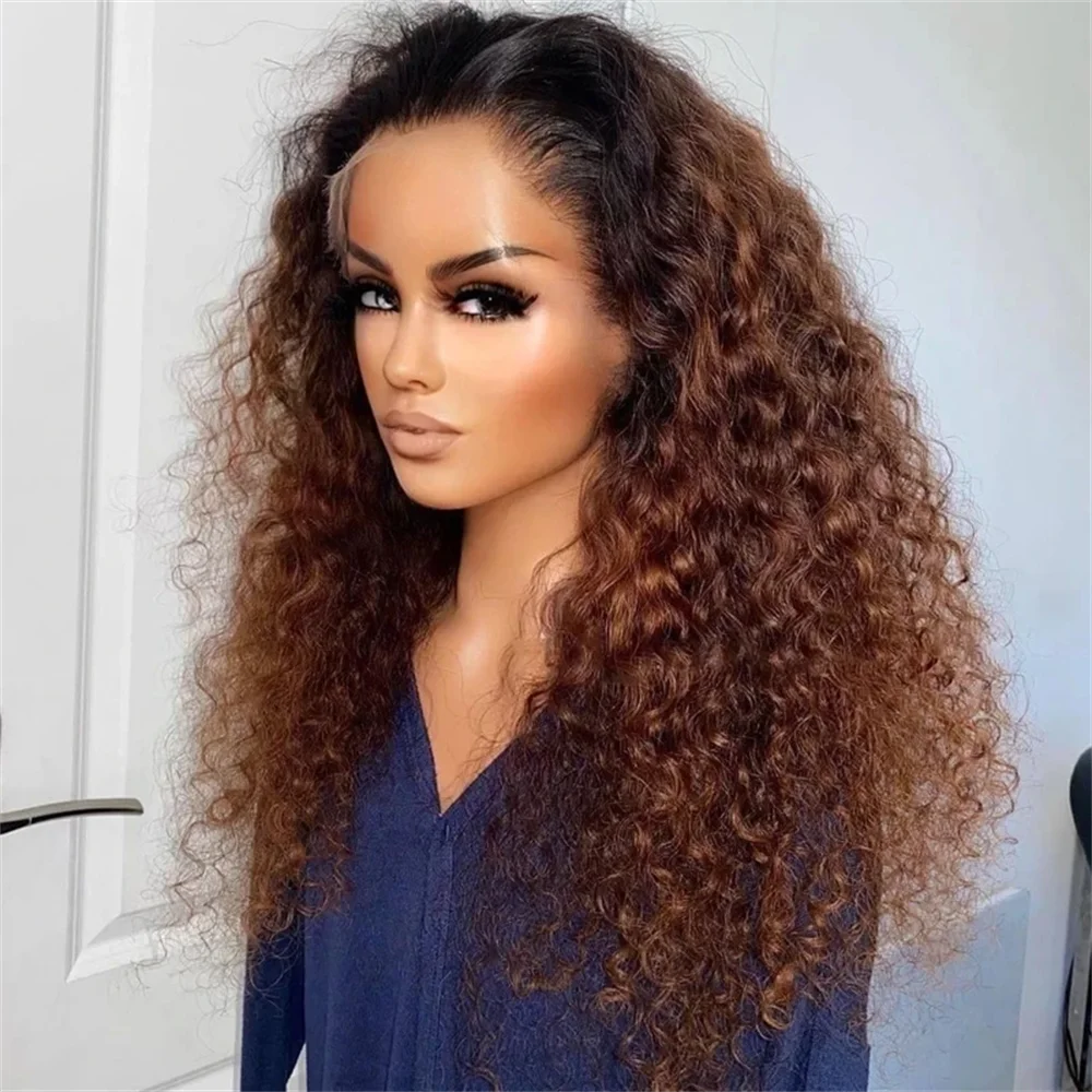

26inch Soft Ombre Brown 180 Density Kinky Curly Preplucked Long Hair Wig For Women Natural Hairline Wig With Afro Baby Hair