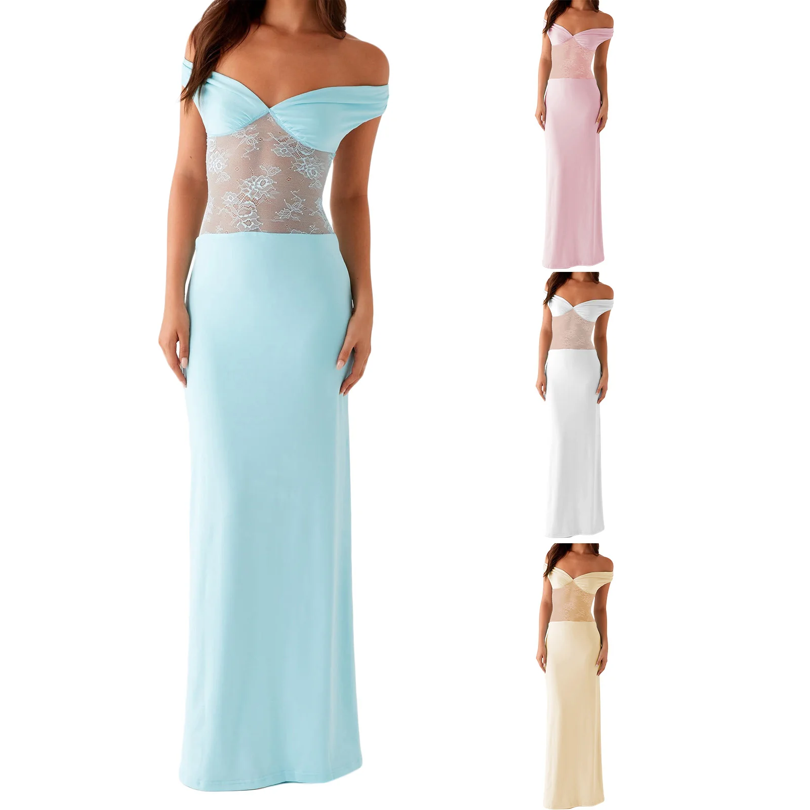 

Women Summer Floral Lace See-through Patchwork Off Shoulder Slash Neck Back Cutout Party Fashion Bodycon Long Dress