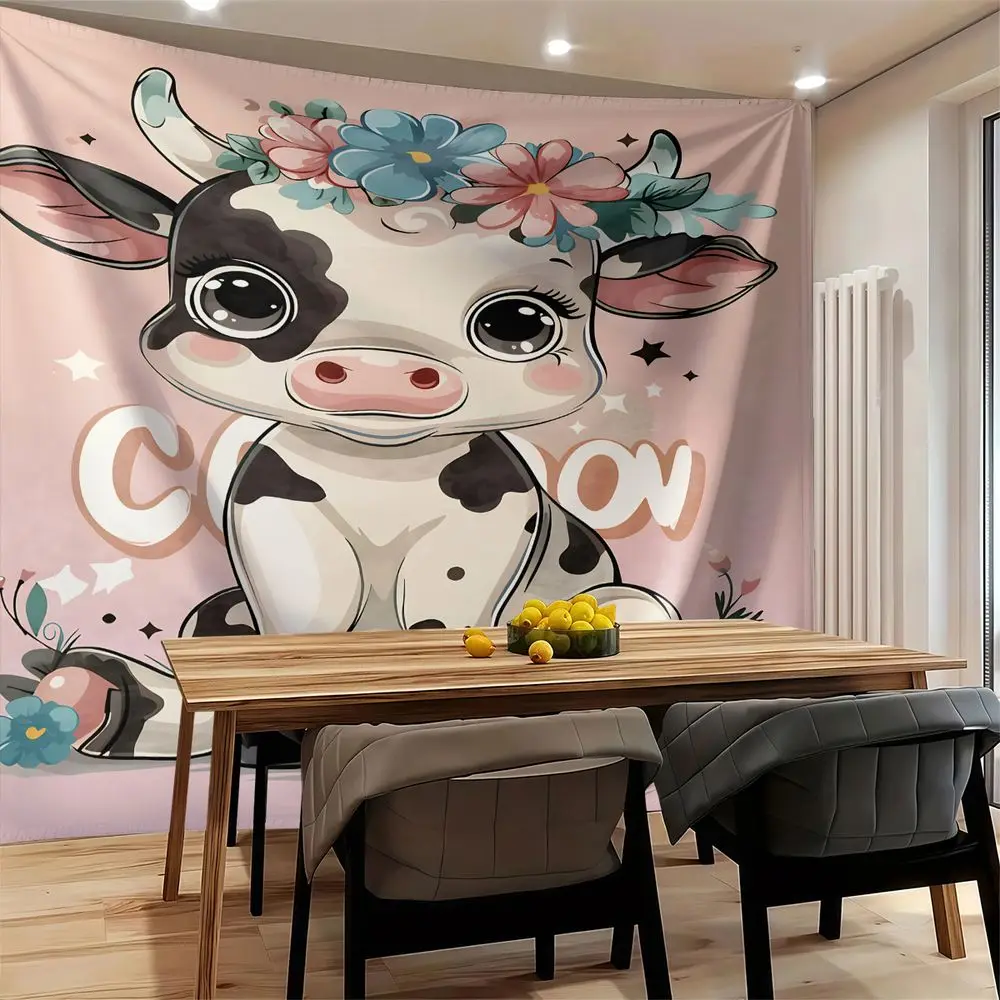 Cute Cow Floral Tapestry Wall Hanging Digital Print Wall Tapestry Backdrop Decor for Teen Bedroom Room Decor