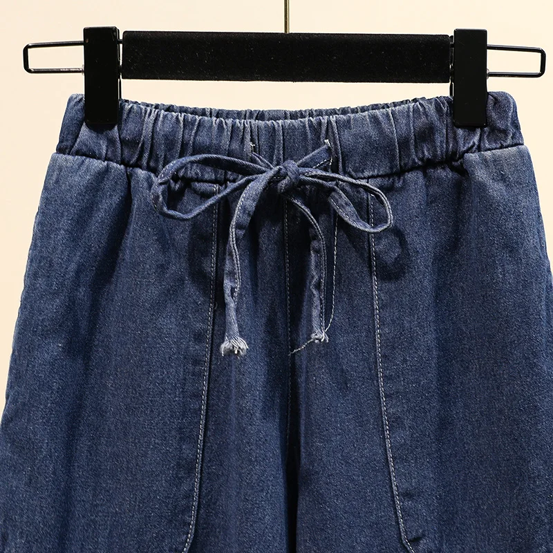 

High Waist Dstring Wide Leg Jeans Women's Autumn Casual Loose Slimming Nine Point Straight Leg Pants plus Size