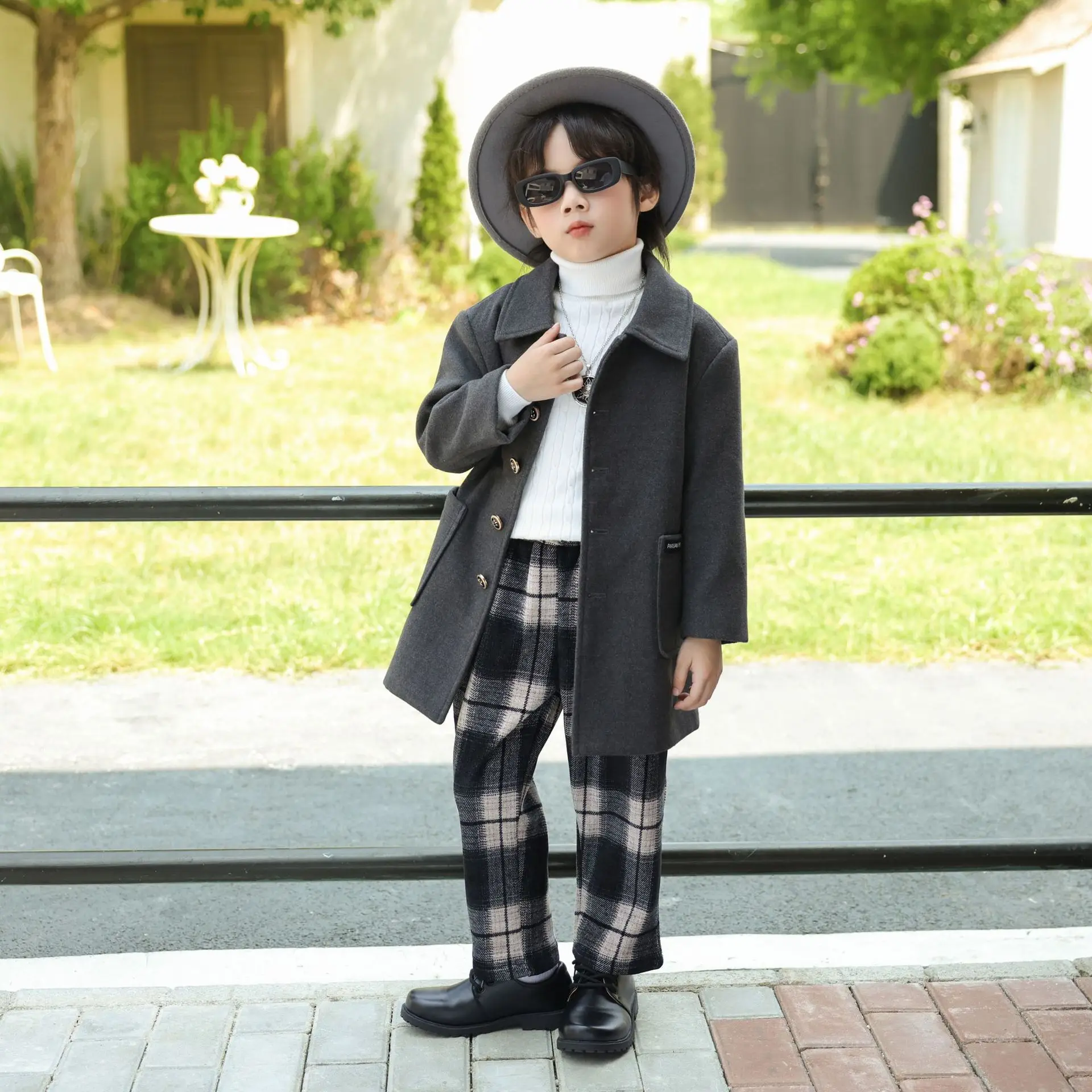 Children British Style Winter Wool Coat Kids Windproof Outdoor Birthday Party Long Jacket Boys Photography Woolen Coat 3-15Y
