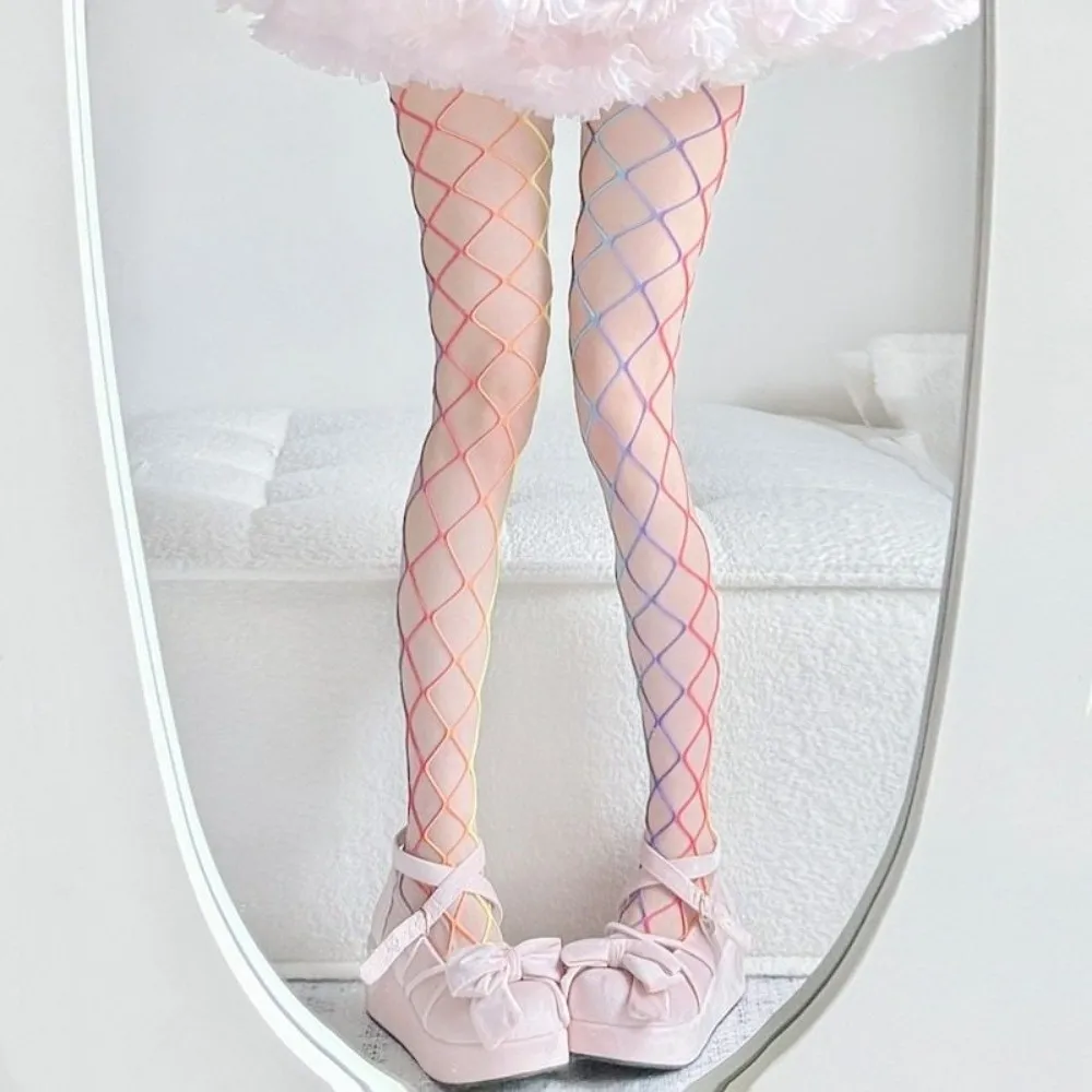 Breathable Y2K Rainbow Fishnet Stockings Dopamine Large Mesh Hollowed Out Pantyhose Stretch Colorful Sexy Mesh Stockings Party