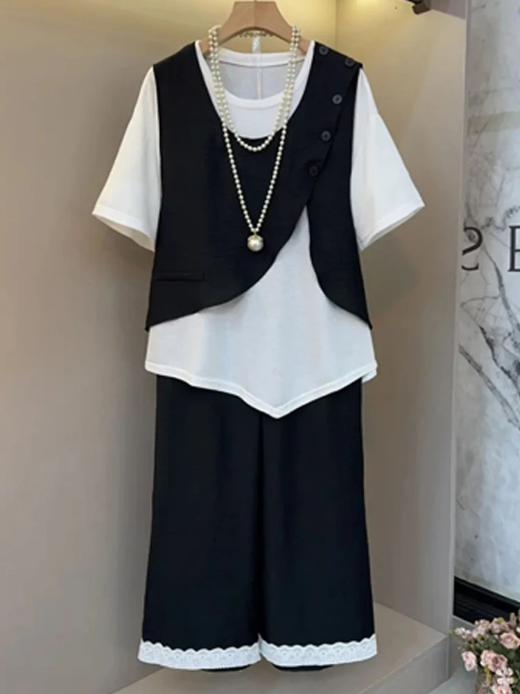 플러스 사이즈 여름 캐주얼 레이스 트림 탱크탑 베이스 이트 티셔츠 세트 하이웨이스트 롱 팬츠 라운드 네이버 버튼다운 베스트