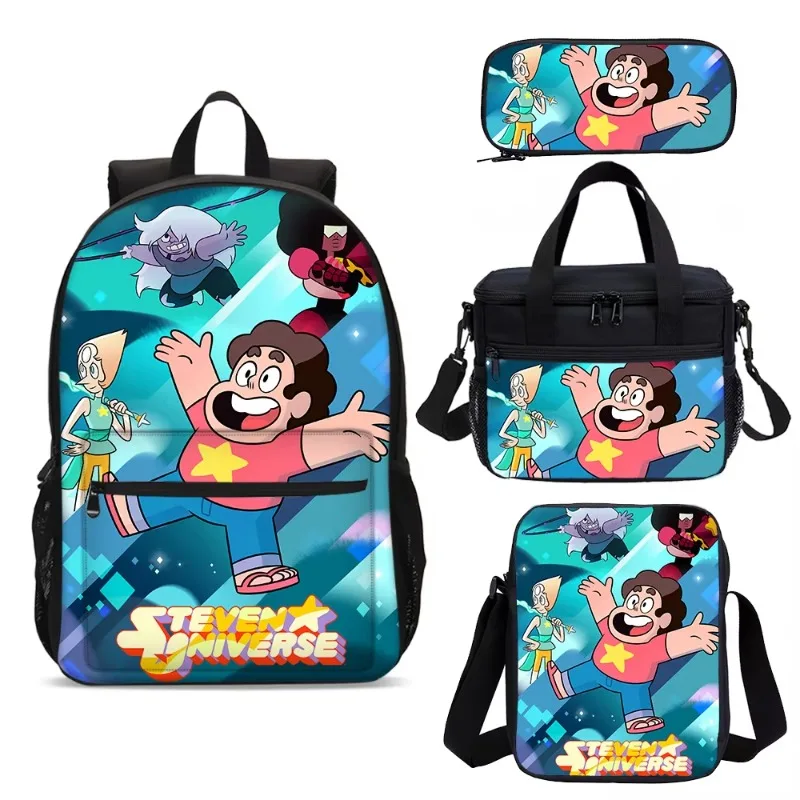 Steven Universe 4Pcs Bag Set Student School Backpack Zipper Crossbody Bag Lunch Bag Pen Bag