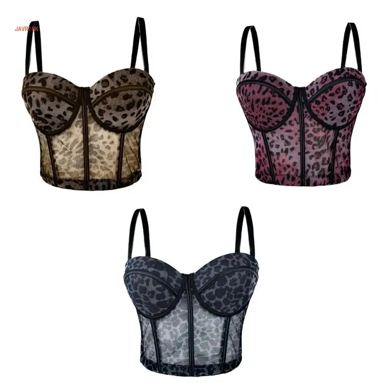 Vintage Leopard Print Mesh Bustier Crop Top with Adjustable Strap for Evening Event Women's Push Up Corset Camisole Vest