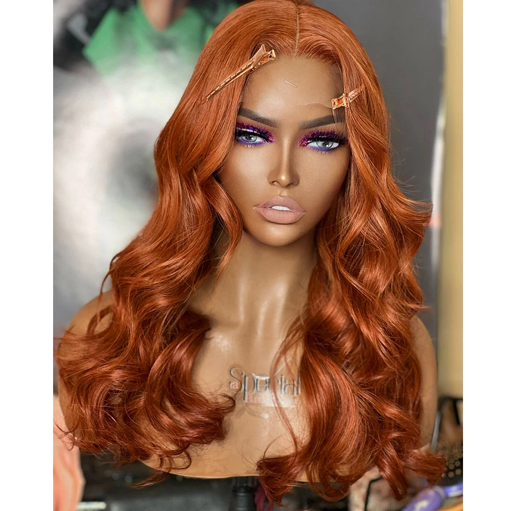 AIMEYA Ginger Synthetic Lace Wigs for Black Women Natural Hairline Synthetic Lace Frontal Wig Heat Resistant Fiber Orange Wigs