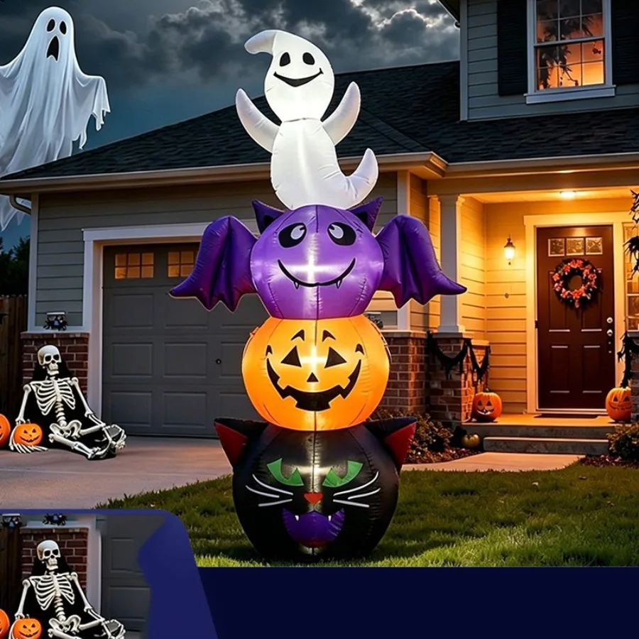 6Ft/180cm Halloween LED Glowing Ghost Bat Pumpkin Stack Inflatable Model Outdoor Indoor Courtyard Decoratio Festival Party Props