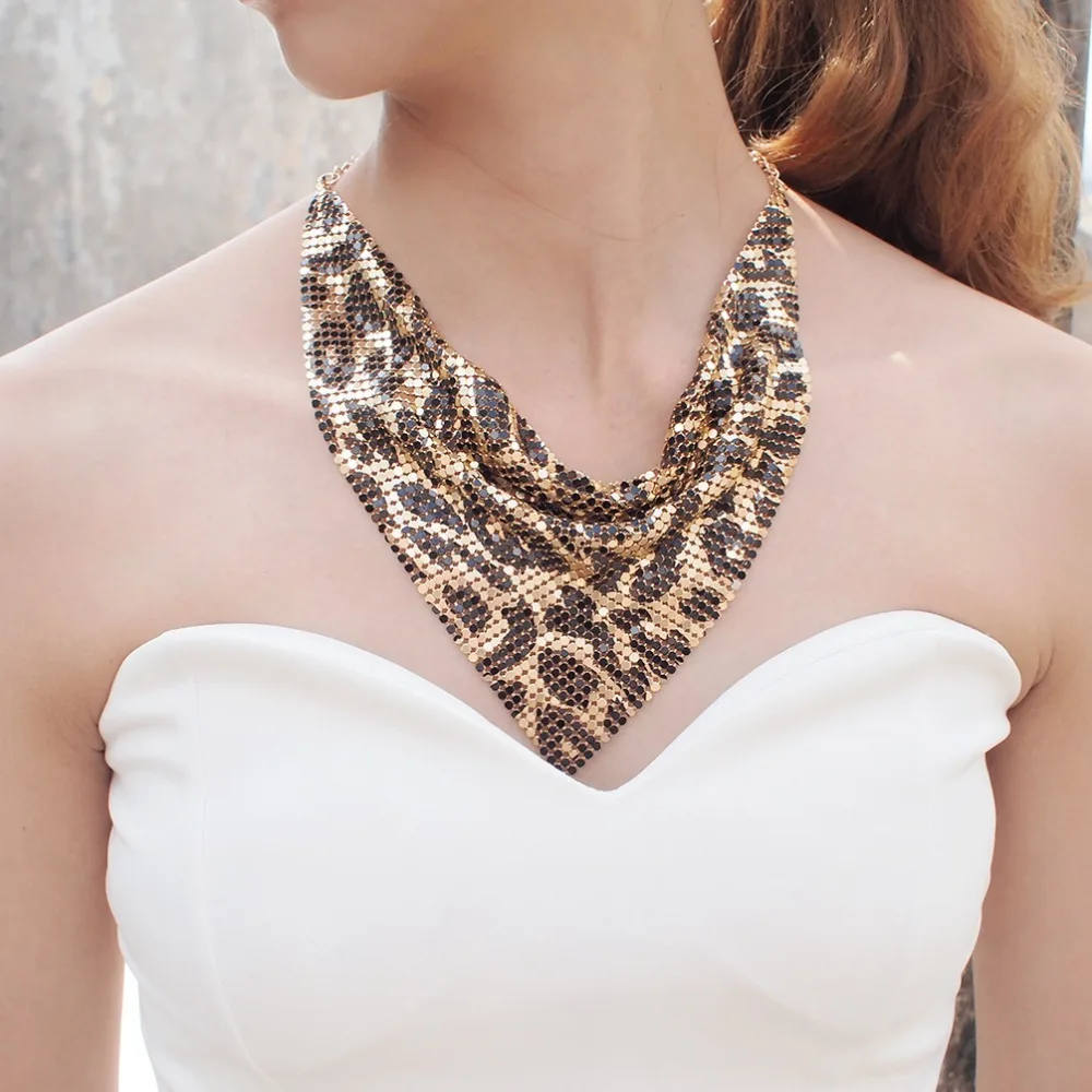 Vintage Metal Triangular Scarf Chain Choker Glittering Leopard Print Necklace Sequin Aesthetic Detachable Collar Girls