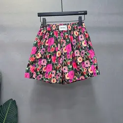 Oversized Summer Casual Printing Multicolor Elastic Waist Wide Leg Pants Femme Fashion Trend Floral High Waist Shorts Korean