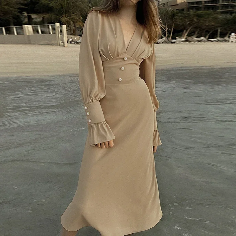 French Slim Breathable Ladies Dress Autumn Lantern Long Sleeve V Neck Long Dress Vintage Elegant Solid Color Pearl Women Dresses