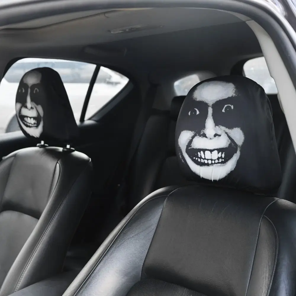 2Pcs Universal Car Seat Cover Black Skull Pattern Breathable Car Headrest Cover Dust-proof Elastic Car Seat Headrest Halloween