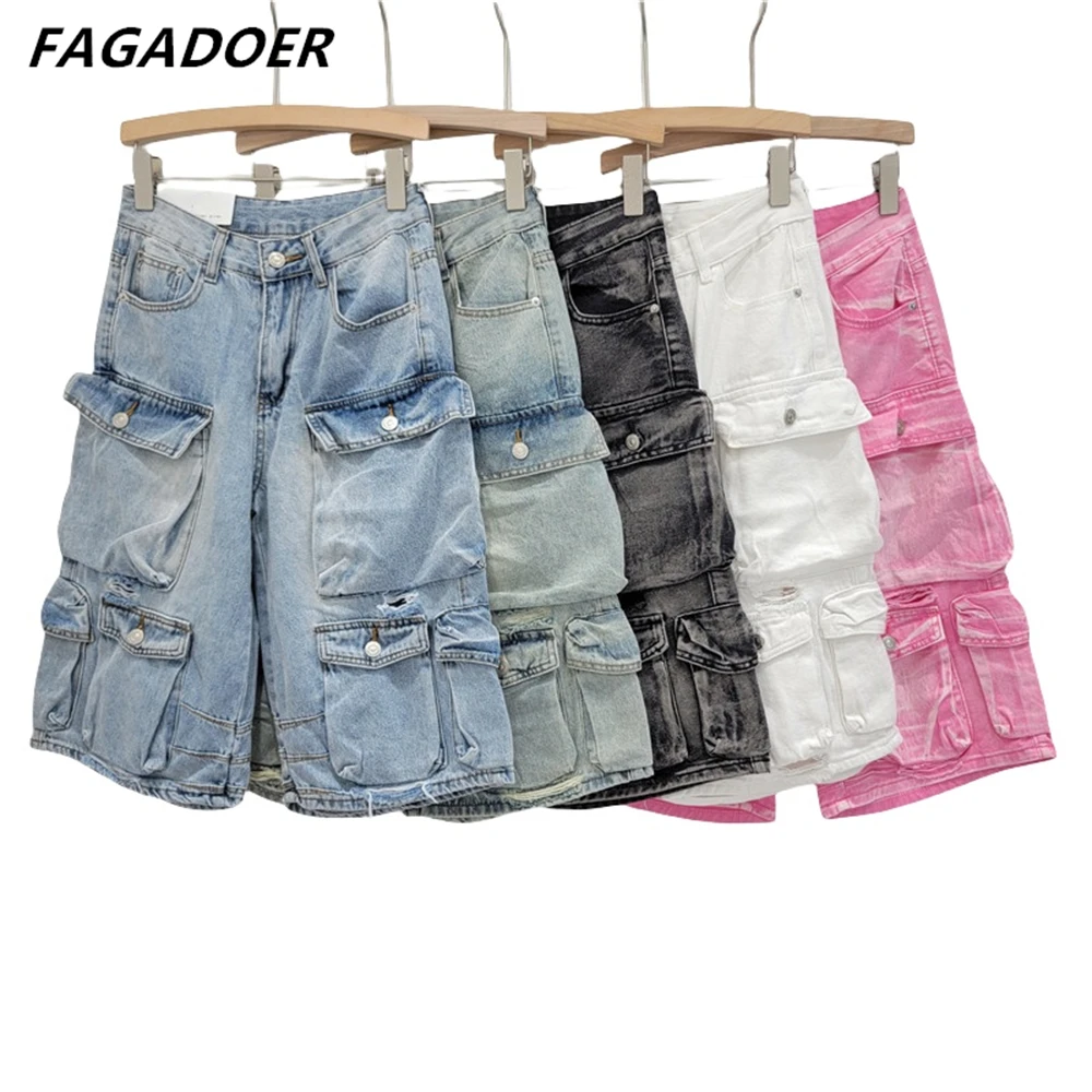 FAGADOER Pink Y2K Fashion Pocket Jean Cargo Pants Women High Waisted Button Straight Denim Trousers Casual Female Cowboy Bottoms