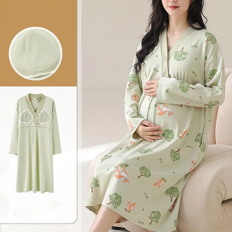 فستان نوم للرضاعة من القطن للربيع والخريف للأمهات مطبوع عليه زهور ملابس نوم للحمل والمنزل والمستشفى