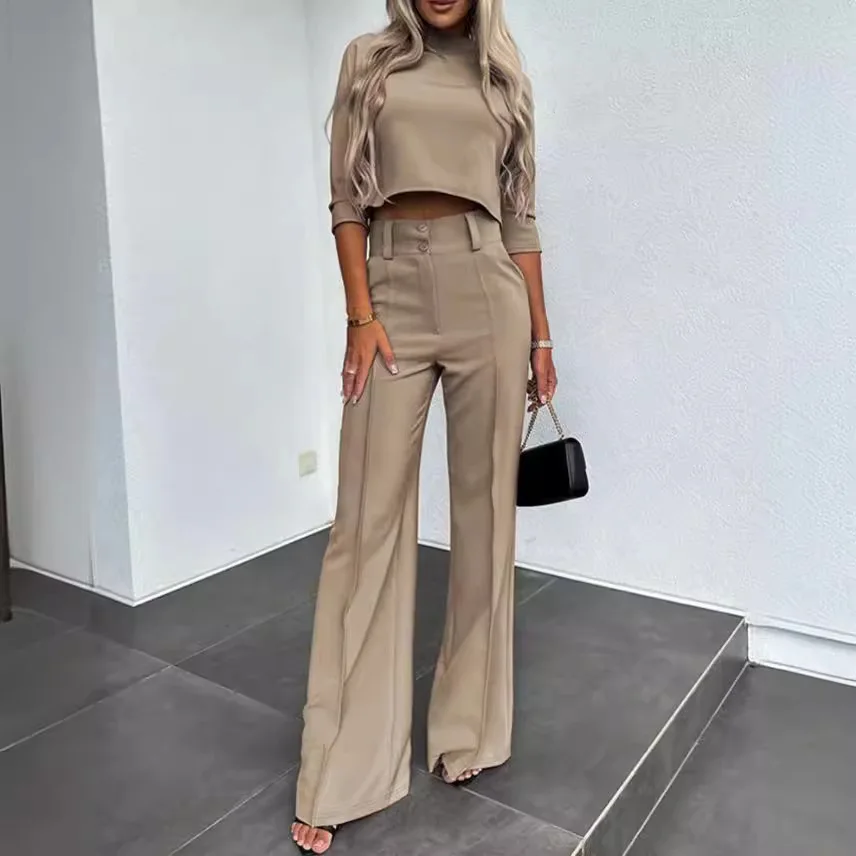 Summer  Autumn Elegant Women's Temperament Top Round Neck Seven Quarter Sleeve Head Solid Color Top Wide Leg Pants Two-piece Set