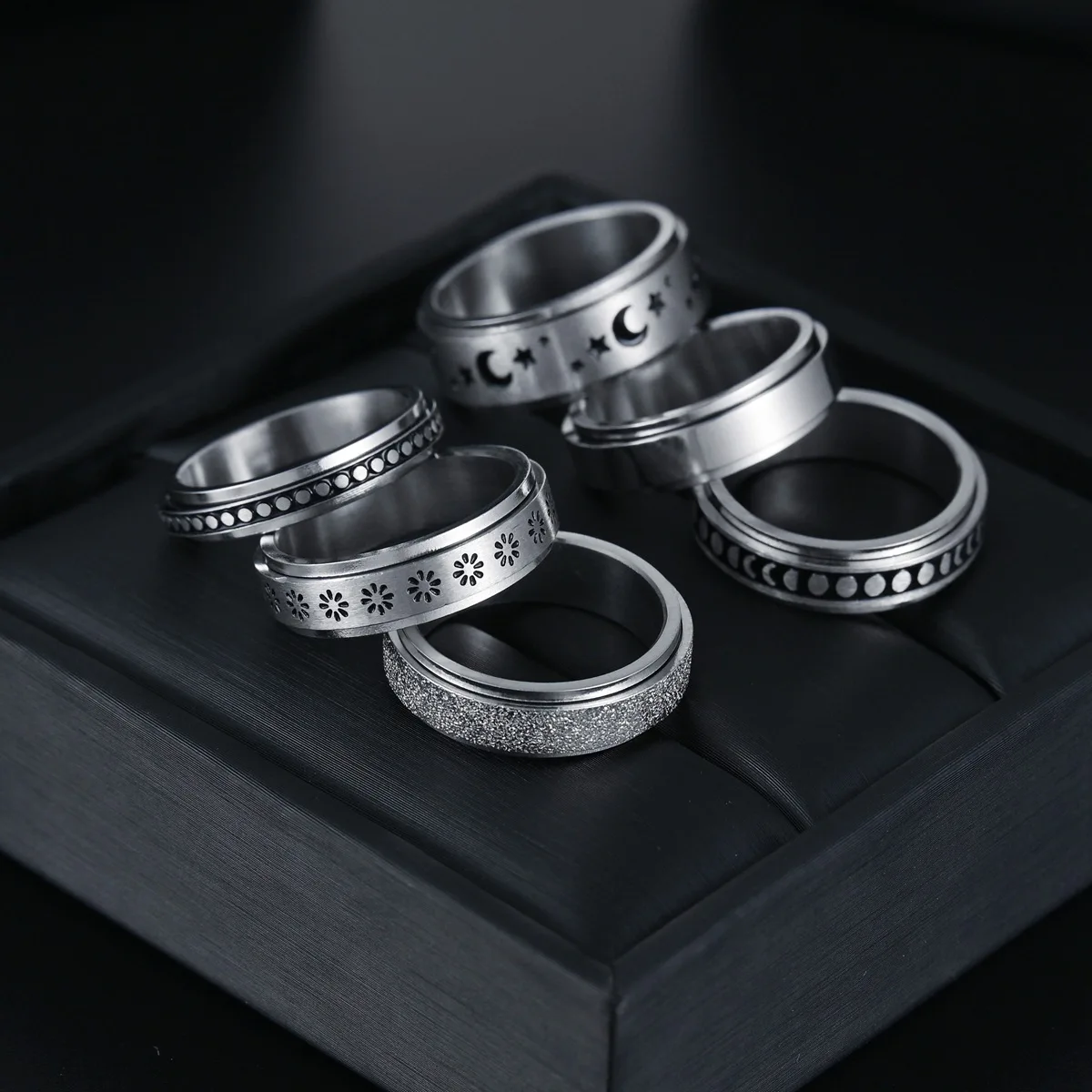 Anxiety Ring For Women Men Moon Fidgets Rings Trend Punk Rings Fashion Jewelry Stainless Steel Anti Stress Ring Rotate Gifts