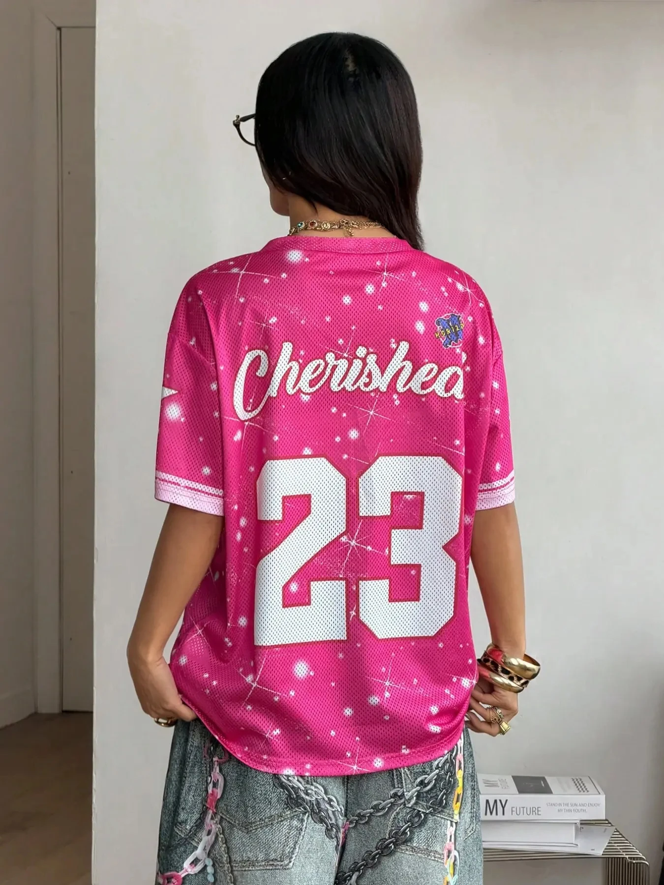 Cherished 23 Starry Night Mesh V-Neck Tee Top, Pink aesthetic clothes harajuku thirt shirt femme women clothes t shirts