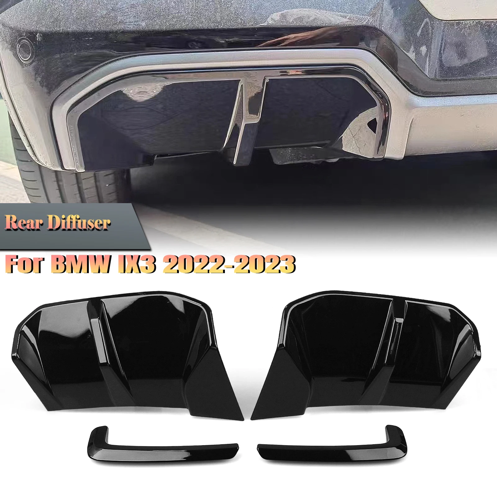 

For BMW IX3 2022-2023 Gloss Black Car Rear Bumper Side Spoiler Splitter Cover+Fog Light Lamp Cover Frame Trim Body Kit Protector