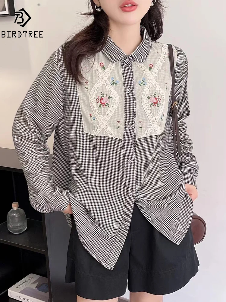 

New Spring Cotton Floral Embroidery Shirts Women Single Breasted Long Sleeve Tops Girl Plaid Loose Blouses 2024 Summer T44190QM