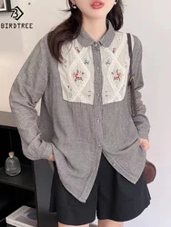 New Spring Cotton Floral Embroidery Shirts Women Single Breasted Long Sleeve Tops Girl Plaid Loose Blouses 2024 Summer T44190QM