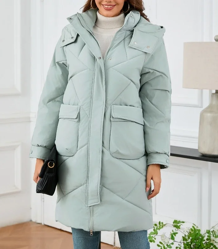 Eleganter Wintermantel für Damen, 2025, neu, mit Reißverschluss, Kapuzenpullover, langärmelig, warm, schmal geschnitten, Baumwolljacke, Taschen, Overknee-lange Jacke