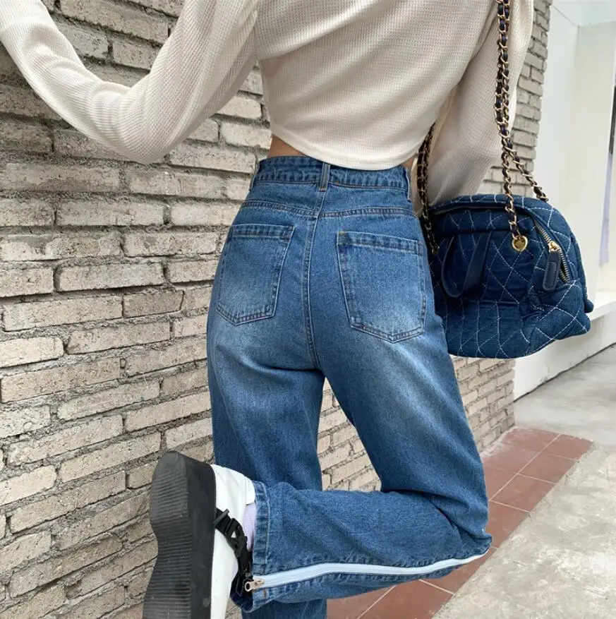 Side Double Layer Zipper Flare Jeans Women New Spring High Waist Loose Wide Leg Denim Pants s61