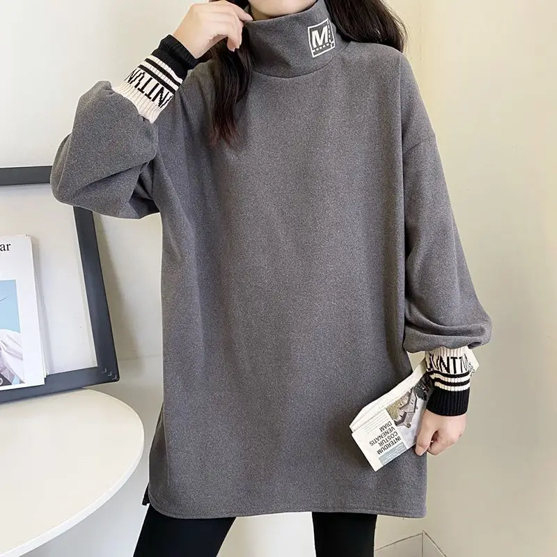 

Street Casual Printing Letter Tops Tees Autumn Winter New Long Sleeve Solid Color Plus Size T Shirts Korean Trend Women Clothing