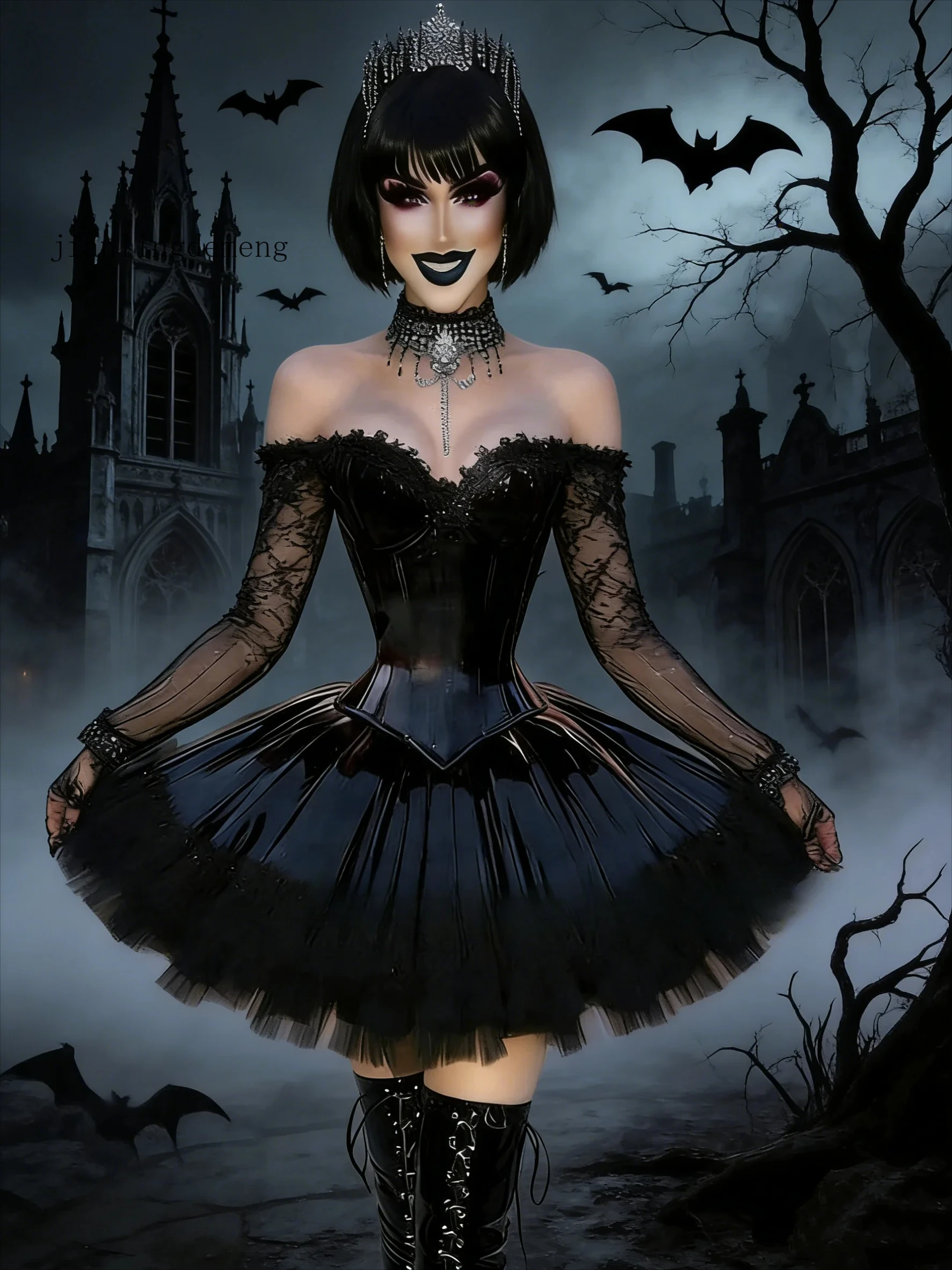 

Black Gothic Corset Prom Dress with Off Shoulder Lace Sleeves, Tulle Skirt for Dark Princess Cosplay Party Events Customized