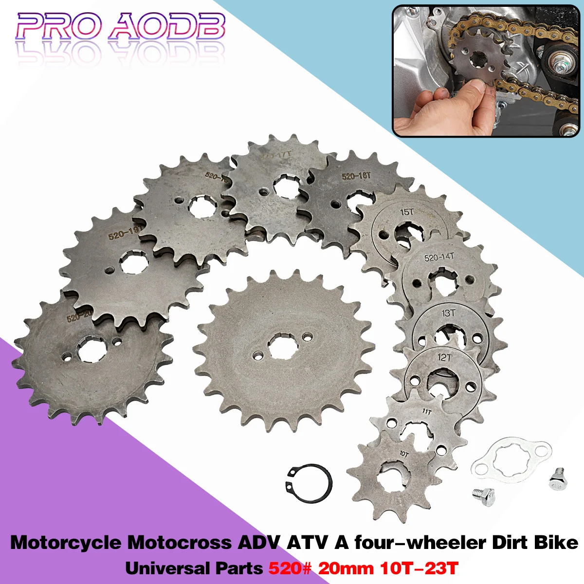 

Front Engine 520# 10T 11T 12T 13T 14T 15T 16T 17T 18T 19T 20T 21T 22T 23T Teeth 20MM Chain Sprocket With Retainer Plate Locker