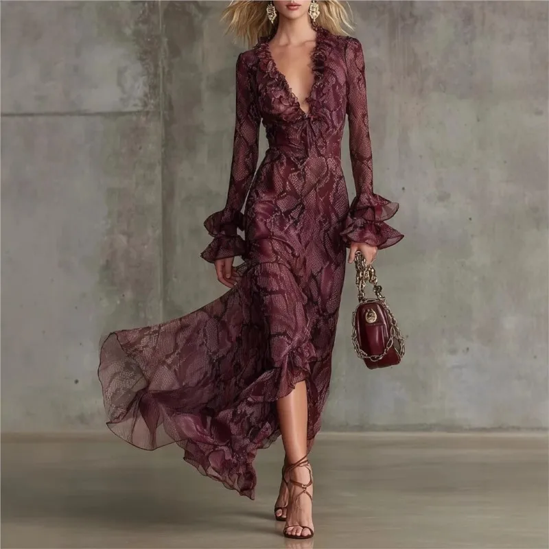 

New Retro Snake Print Evening Party Dresses Woman Elegant Spring Deep V Neck Ruffles Long Dress Autumn Flared Sleeve Boho Dress
