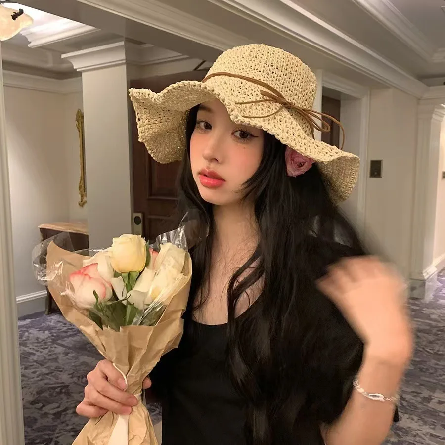 جديد عطلة الشاطئ صياد قبعة شاطئ البحر حماية الشمس قبعة الشمس كبيرة حافة القوس المنسوجة القش قبعة المرأة بنما فاتحة الكورية #4