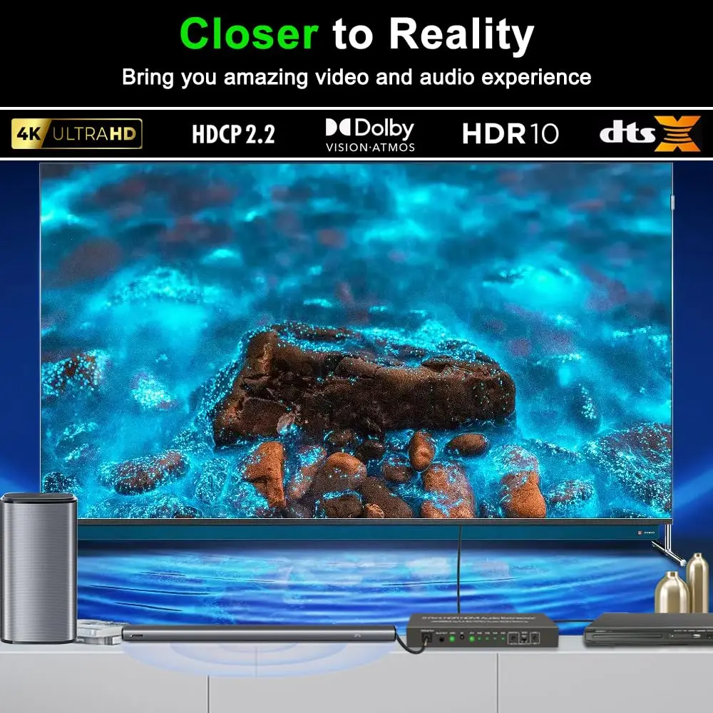 4K@60Hz HDMI Switch Audio Extractor Converter,5 in 1 Out HDMI Switch with Optical&3.5mm AUX Audio Output,HDCP 2.2, HDR10, 18Gbps