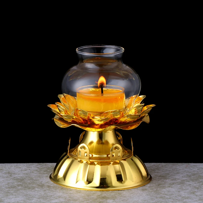 Buddha Utensils Butter Lamp Holder Buddha Worshiping Lamp Household Candle Holder Windproof Glass Cover Pure Copper