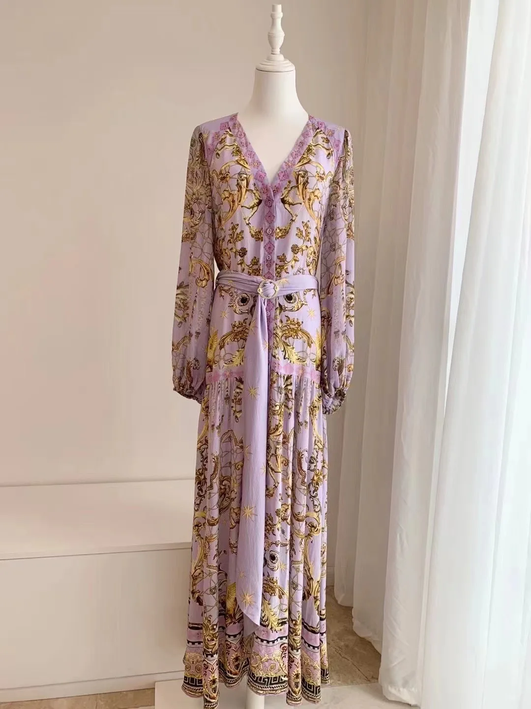 Robe for Ladies 2024 New Spring Summer 100% Silk Flower Printed Single Breasted V-Neck Vintage Full Sleeve Dress with Sashes