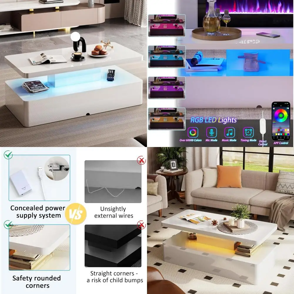 

LED Illuminated Coffee Table with Rounded Corners, High Gloss 2-Tier Living Room Furniture, Available in 16 Colors