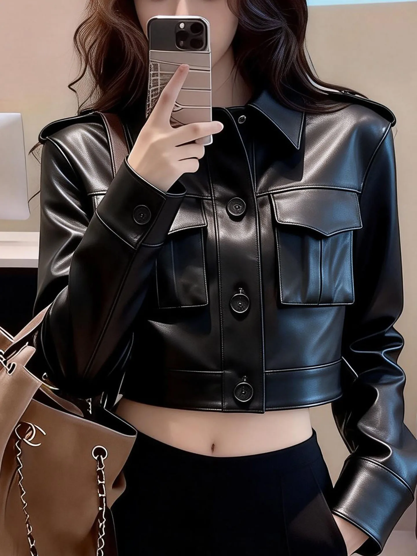 Chaqueta de Cuero Ele Bla para Mujer, Primavera 2026, Elegante, Entallada, Versátil, con Cuello Alto y Botones