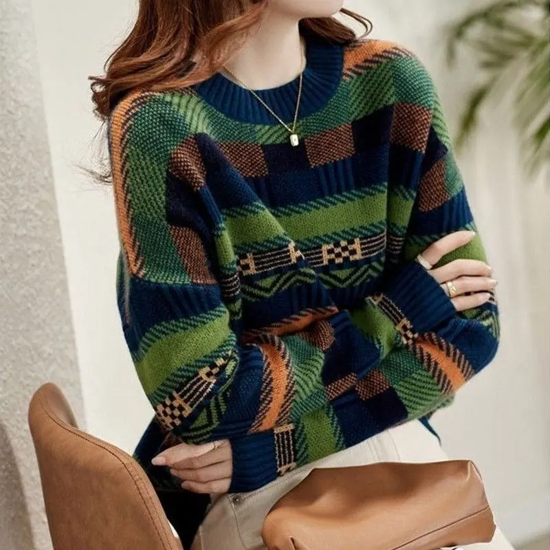 Women\'s Clothing Autumn Winter Vintage Striped Sweaters Fashion Contrasting Colors Korean Loose O-Neck Casual Knitted Jumpers